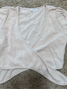 Thanne Beige Linen-Blend Wrap Crop Top